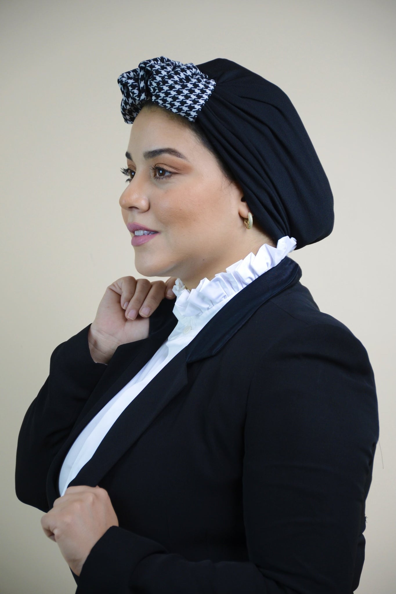 Black Crepe turban- Houndstooth touch
